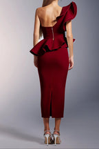 Luysa One Shoulder Asymmetry Red Midi Set Avalabel