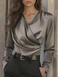 Luxurious Brown Lace Up Satin Blouse with a Tailored Fit and V-neck Design Avalabel