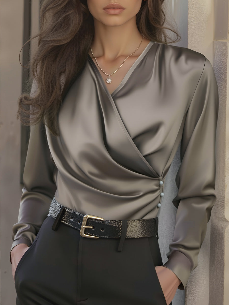 Luxurious Brown Lace Up Satin Blouse with a Tailored Fit and V-neck Design Avalabel