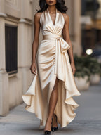 Midnight Elegance Satin Halter Ruffle Gown Avalabel