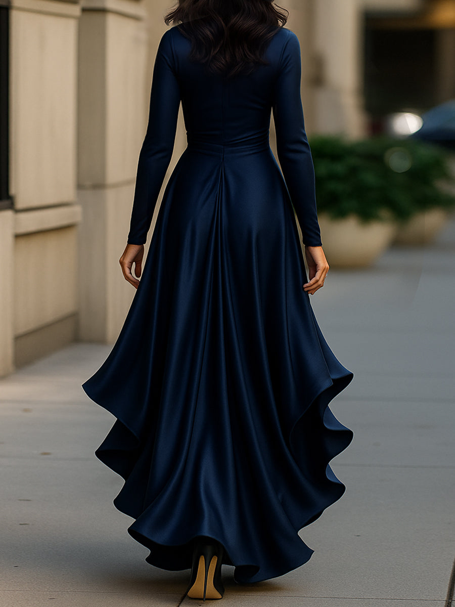 Midnight Blue Draped Satin Maxi Dress With Ruffle Details Avalabel