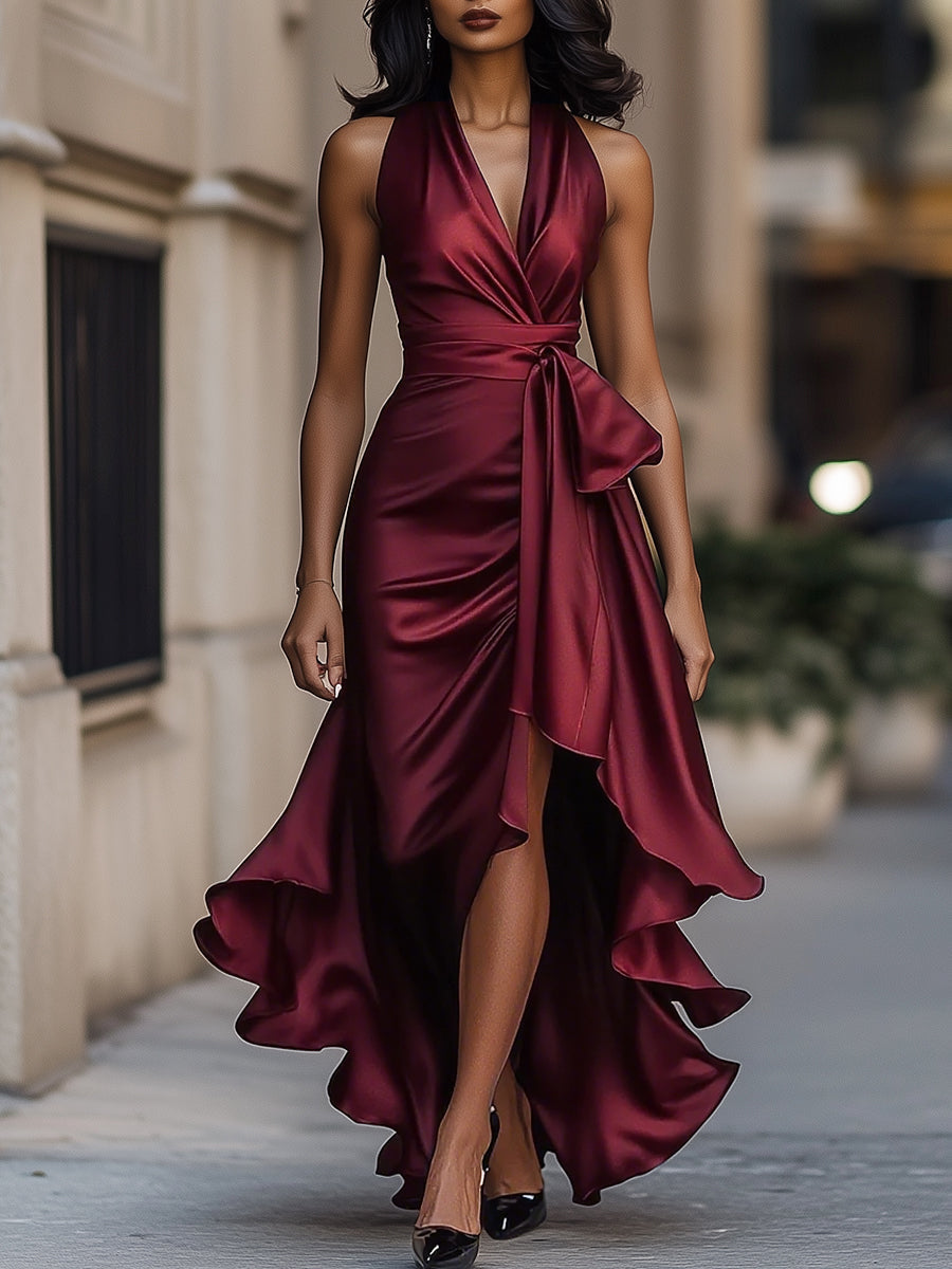 Midnight Elegance Satin Halter Ruffle Gown Avalabel