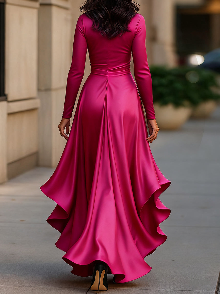Midnight Blue Draped Satin Maxi Dress With Ruffle Details Avalabel