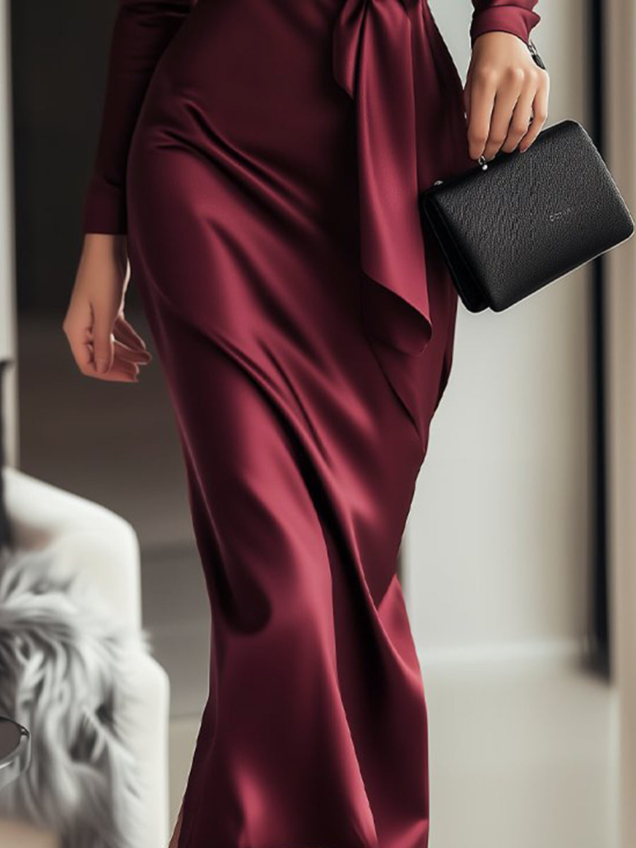Timeless Burgundy Satin Wrap Dress with Waist Tie Detail Avalabel