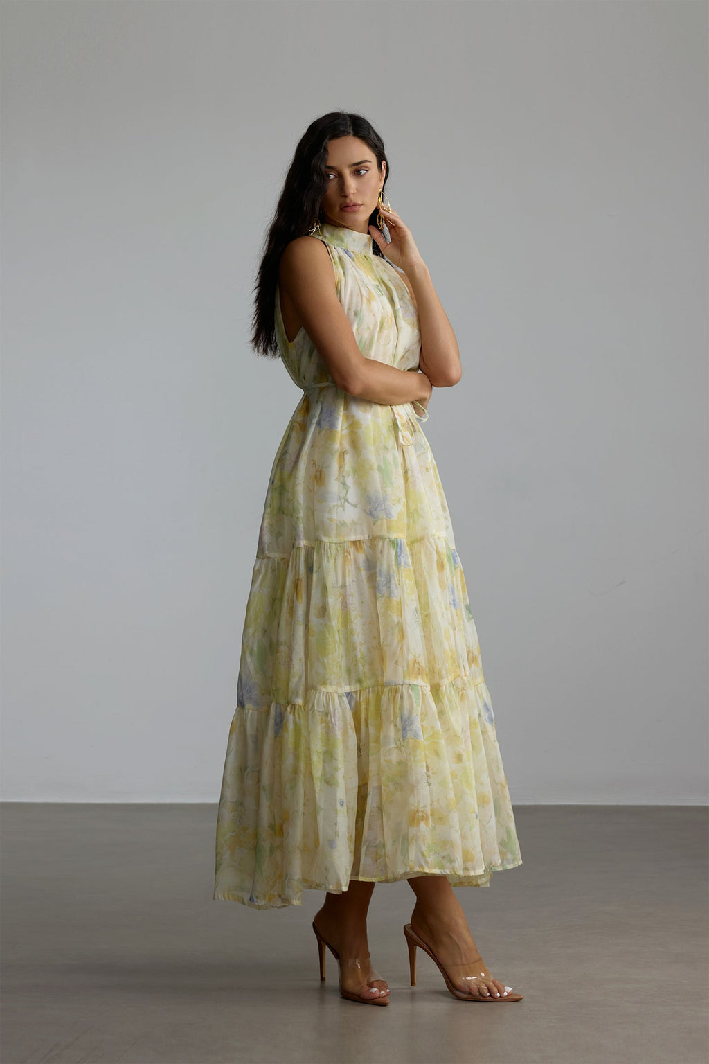 Caroline Floral Print Sleeveless Maxi Dress in Yellow Avalabel