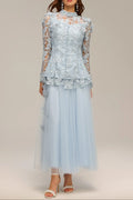 yvette blue Long Sleeve Folds Lace Butterfly Top And Skirt Two-Piece Set Avalabel