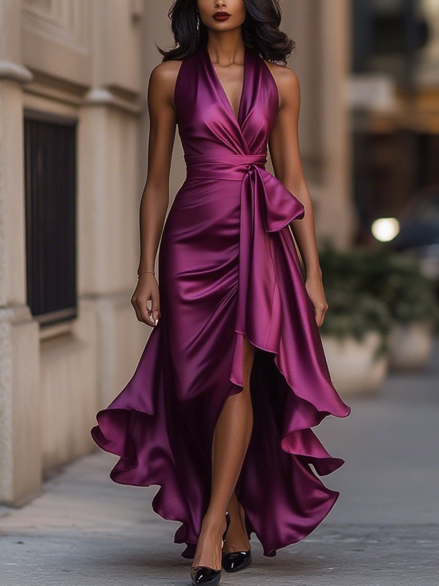 Midnight Elegance Satin Halter Ruffle Gown Avalabel