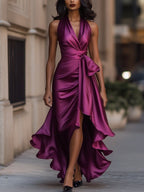 Midnight Elegance Satin Halter Ruffle Gown Avalabel