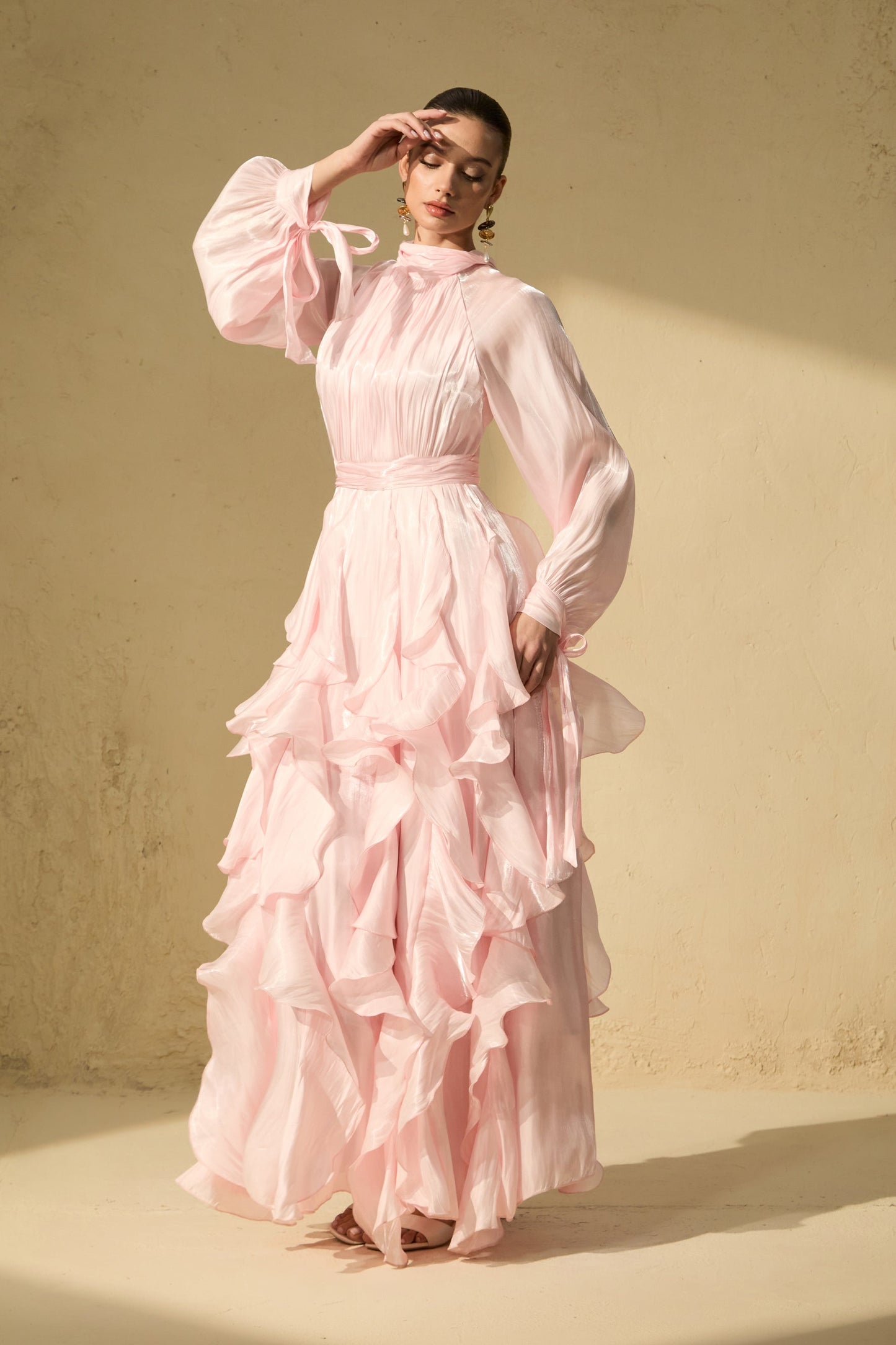 Pandora Puff Sleeve Ruffle Trim Maxi Dress in Pink