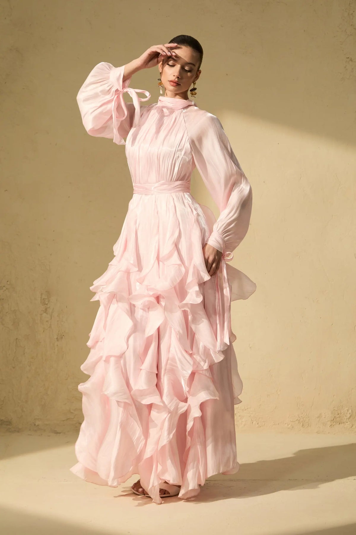 Pandora Puff Sleeve Ruffle Trim Maxi Dress in Pink Avalabel