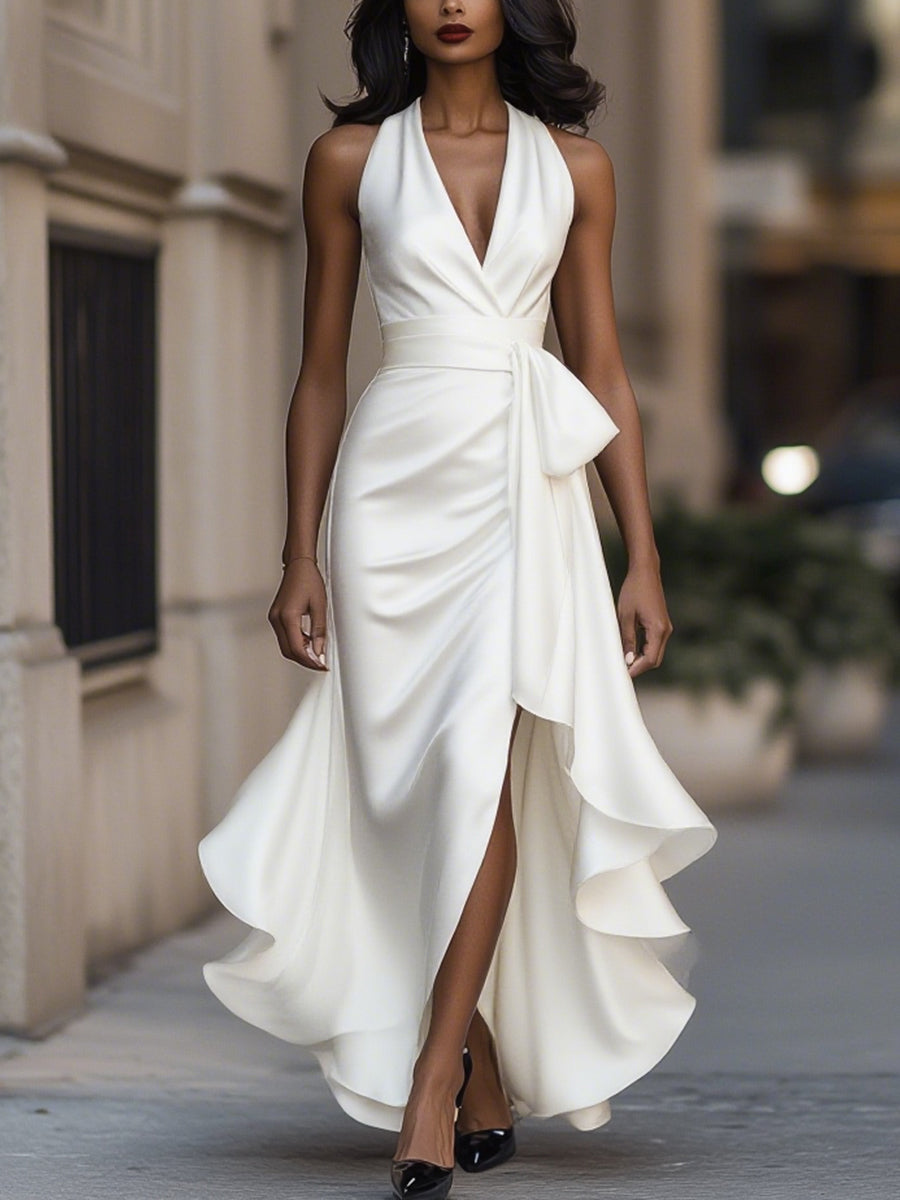 Midnight Elegance Satin Halter Ruffle Gown Avalabel