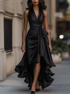 Midnight Elegance Satin Halter Ruffle Gown Avalabel