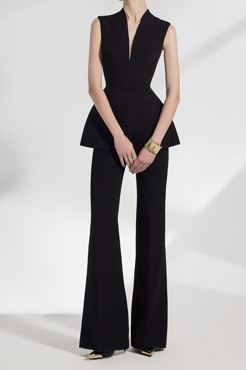 Sleeveless Vest Flared Wide-Leg Pants Set in Black Avalabel