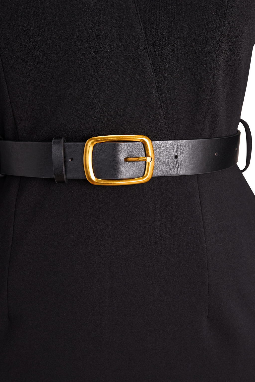 Refined Black Belted Sheath Dress with Mandarin Collar Avalabel