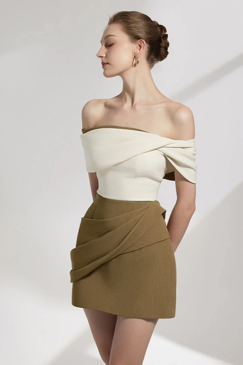 Marjorie A-line Pleated Cotton Twill Mini Dress in Kahki Avalabel