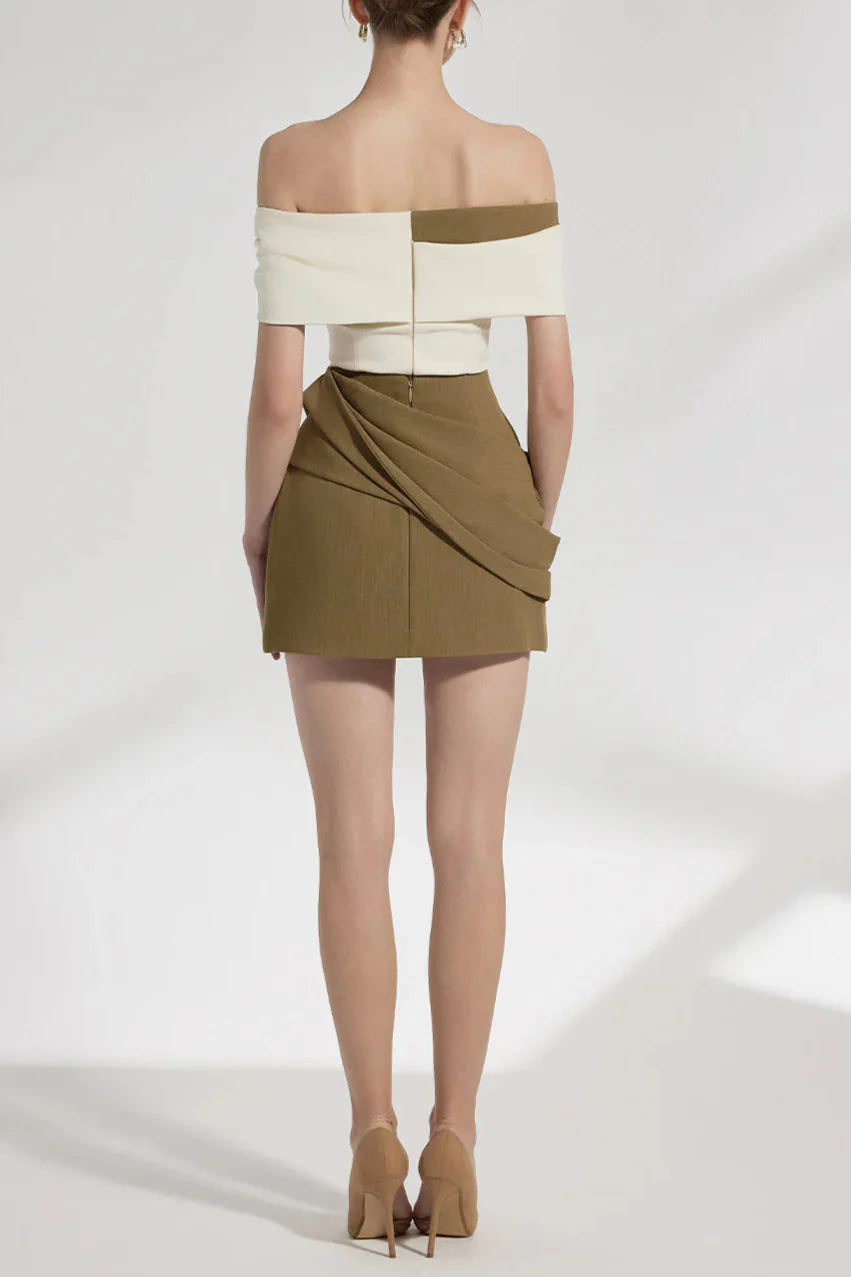 Marjorie A-line Pleated Cotton Twill Mini Dress in Kahki Avalabel