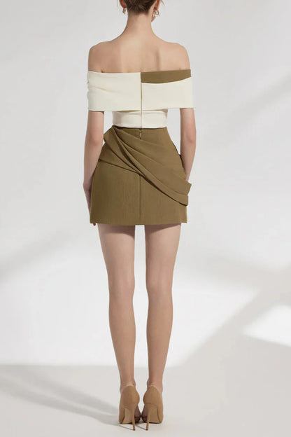 Marjorie A-line Pleated Cotton Twill Mini Dress in Kahki