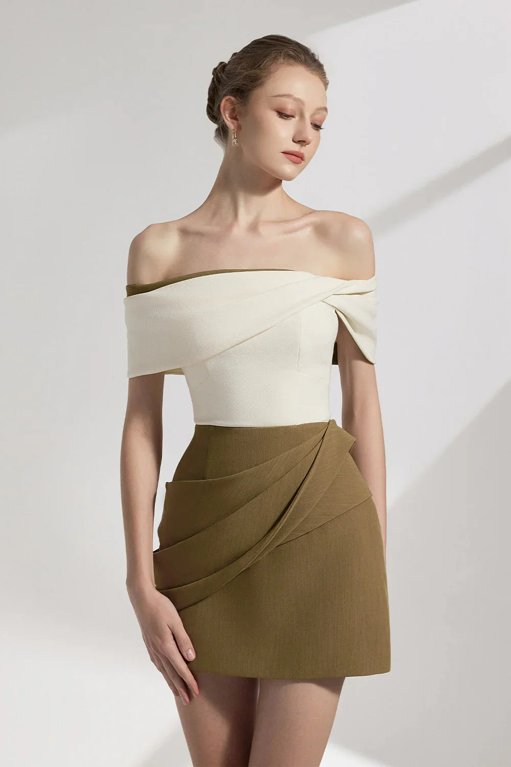Marjorie A-line Pleated Cotton Twill Mini Dress in Kahki Avalabel