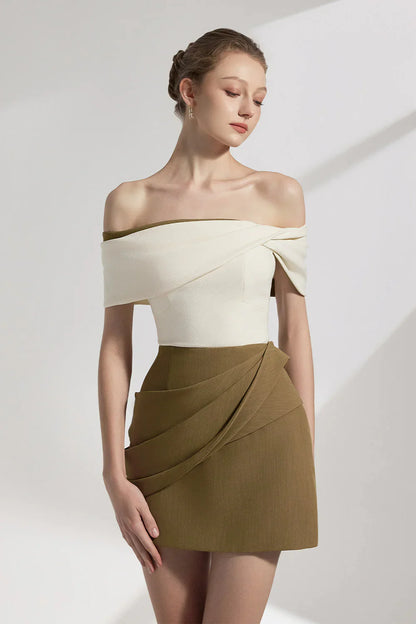 Marjorie A-line Pleated Cotton Twill Mini Dress in Kahki