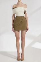 Marjorie A-line Pleated Cotton Twill Mini Dress in Kahki Avalabel