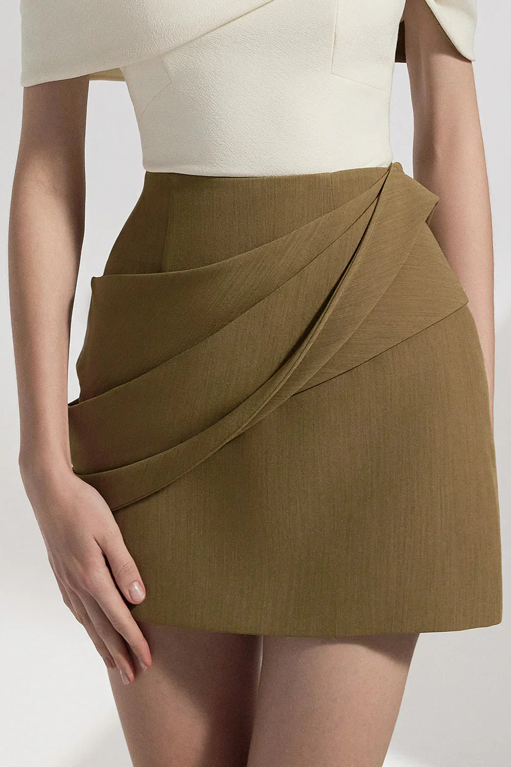Marjorie A-line Pleated Cotton Twill Mini Dress in Kahki Avalabel