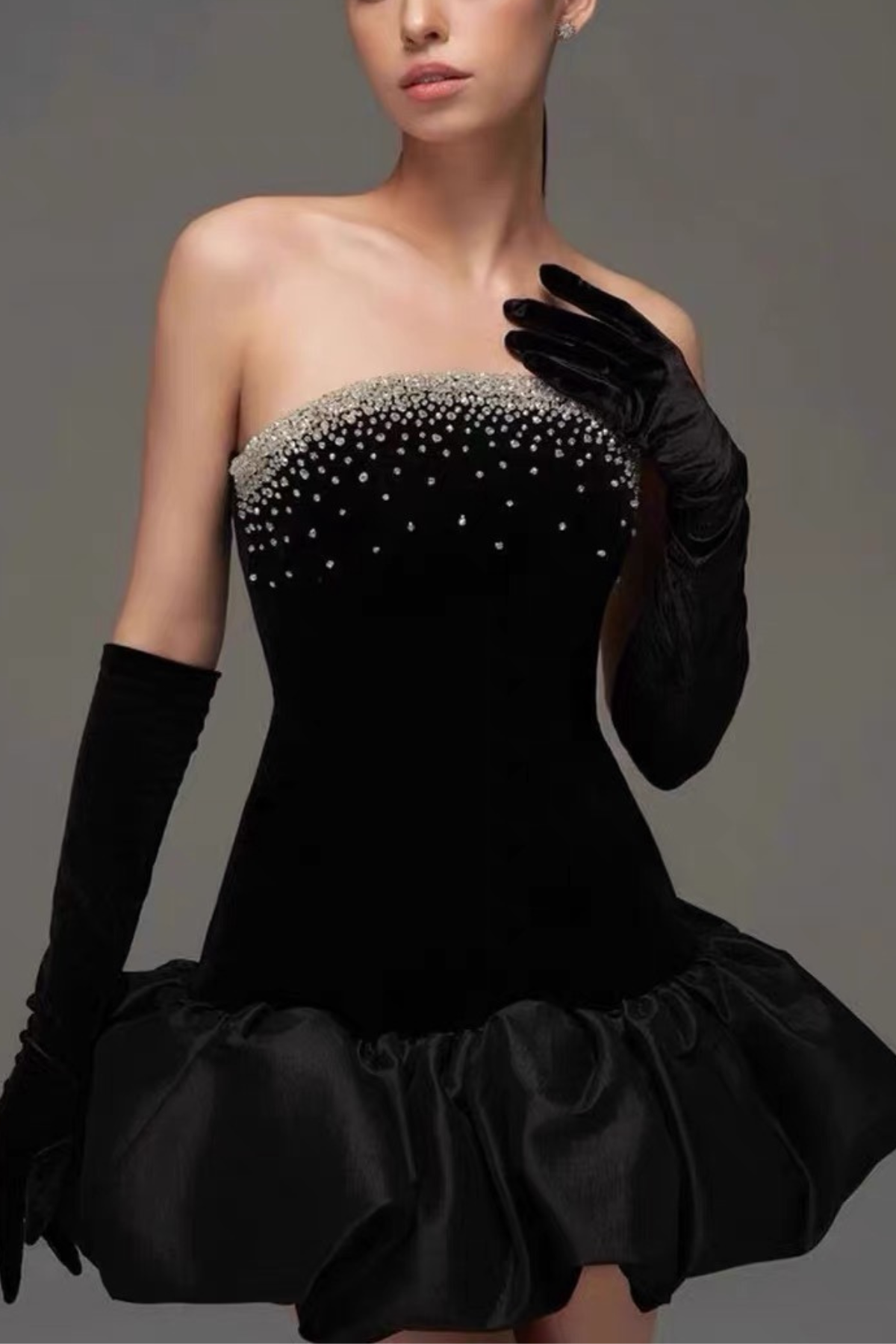 Vivienne Crystal Embellished Black Velvet Strapless Dress With Voluminous Satin Hem Avalabel