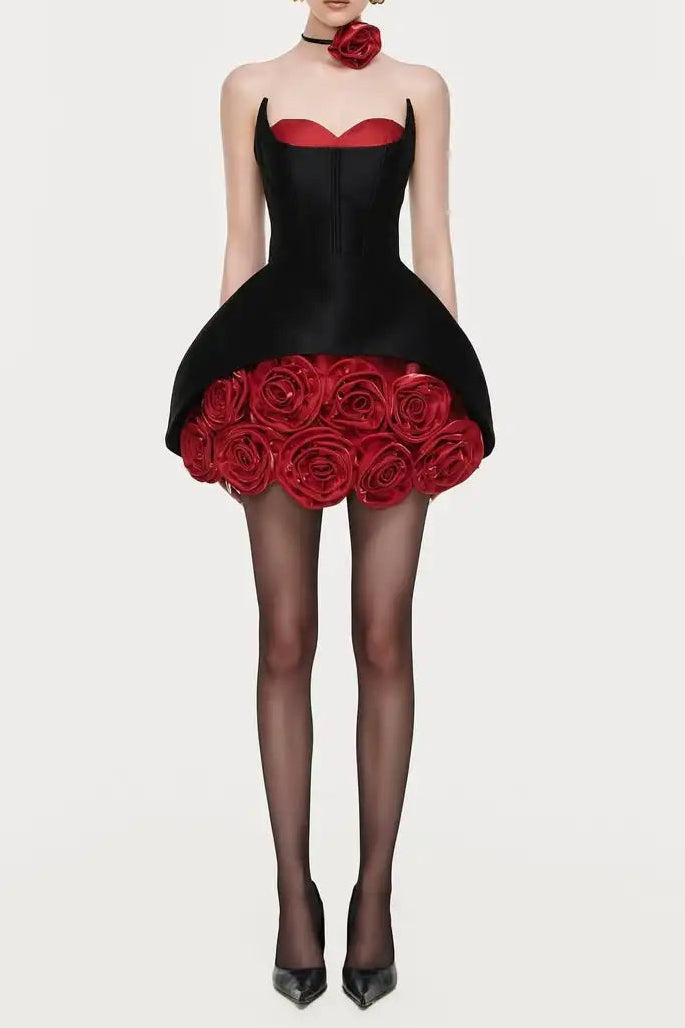 Rose Flower Ruffled Floral Mini Dress in Red Soraya