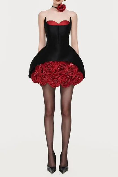 Rose Flower Ruffled Floral Mini Dress in Red