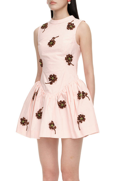Vivien Flower Embellished Puffy Mini Dress in Pink