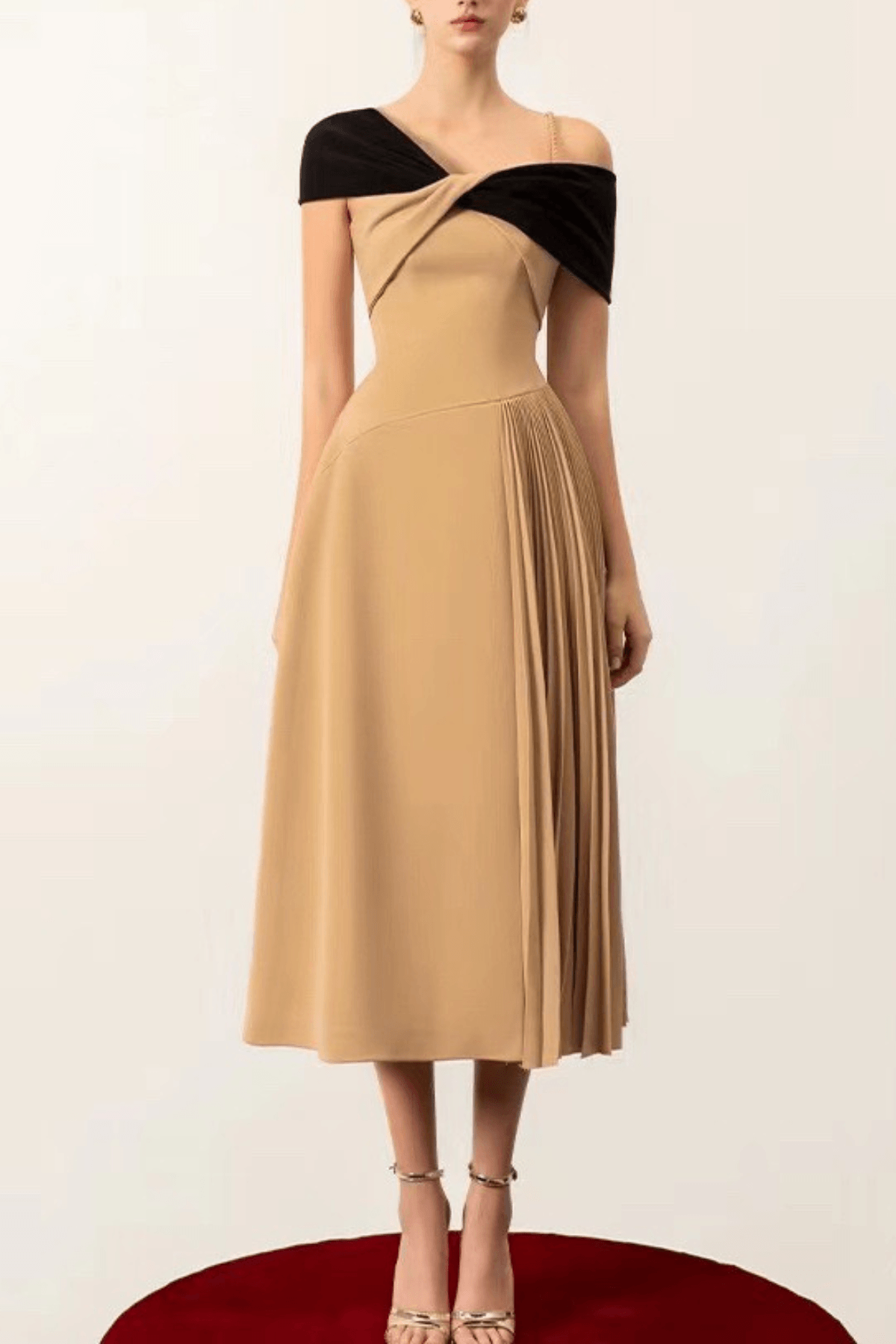 Ella Two‑Tone Off-Shoulder Pleated Midi Dress - Avalabel