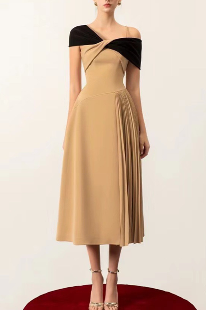 Ella Two‑Tone Off‑Shoulder Pleated Midi Dress