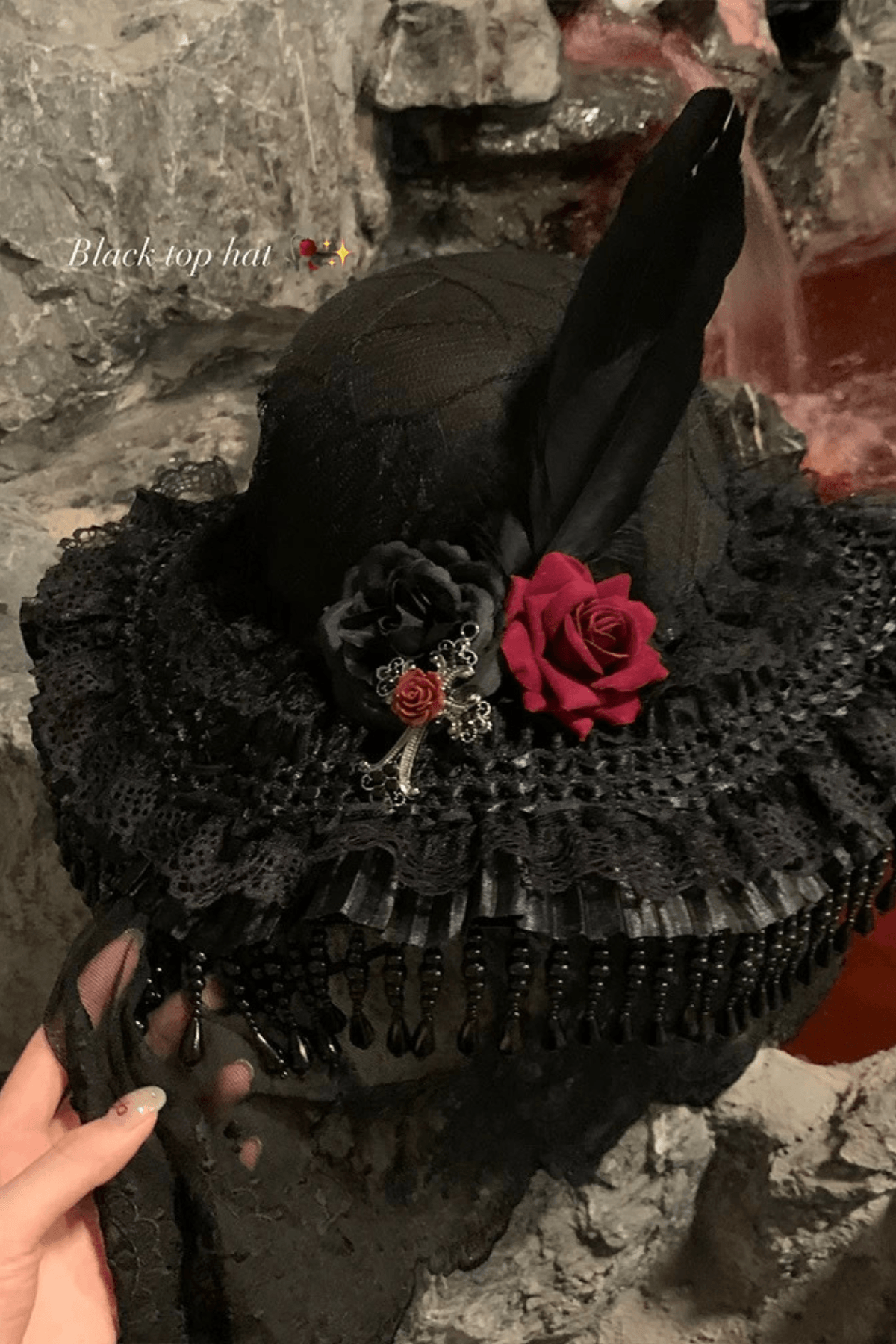 Gothic Wide Brim Lace Hat with Tassels Avalabel