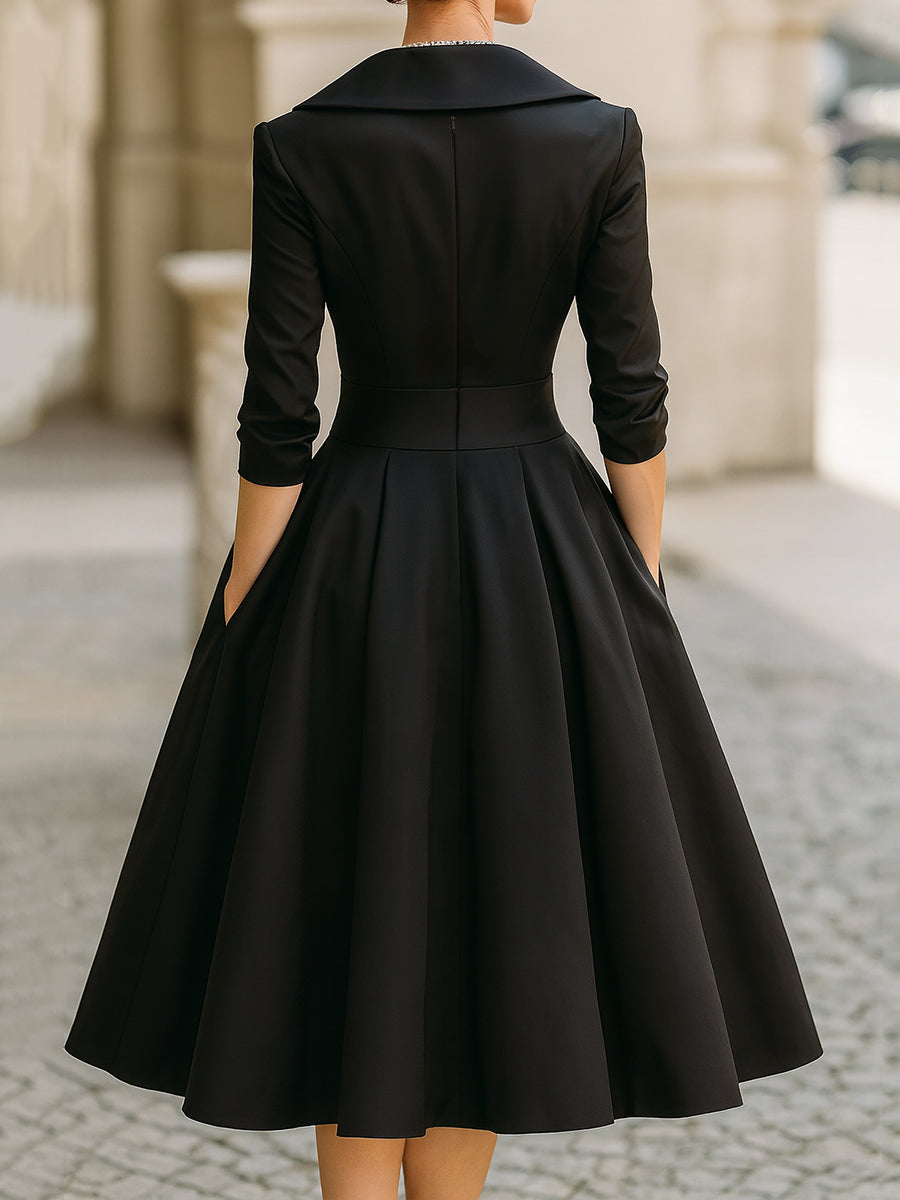 Vintage-Inspired Satin Midi Dress With Draped Collar Avalabel