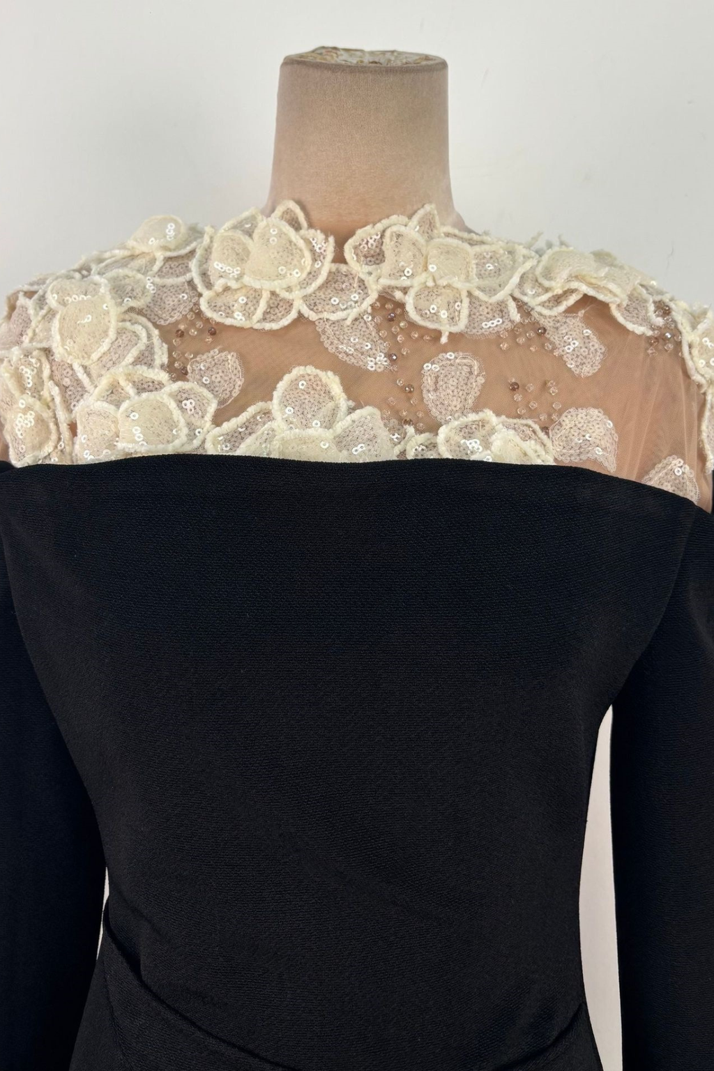 Louise 3D Floral Sheer Shoulder Long Sleeve Black Dress Avalabel