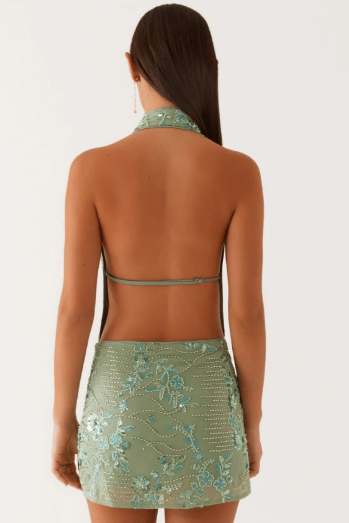 Olivia Sage Green Embroidered Halter Mini Dress Avalabel