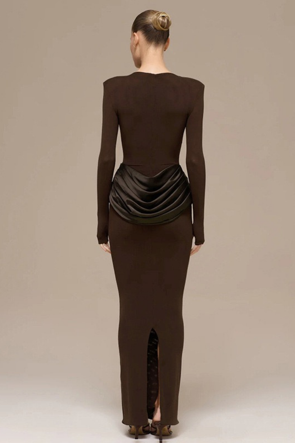 Elena Brown Long Sleeve Bodycon Maxi Dress Avalabel