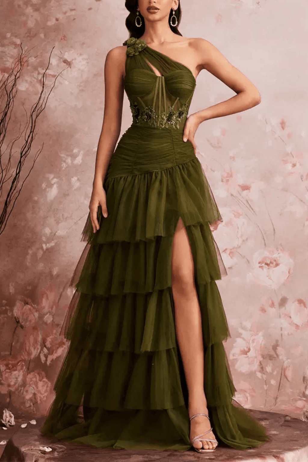 Cecilia One Shoulder Ruched Tiered Evening Dress Avalabel