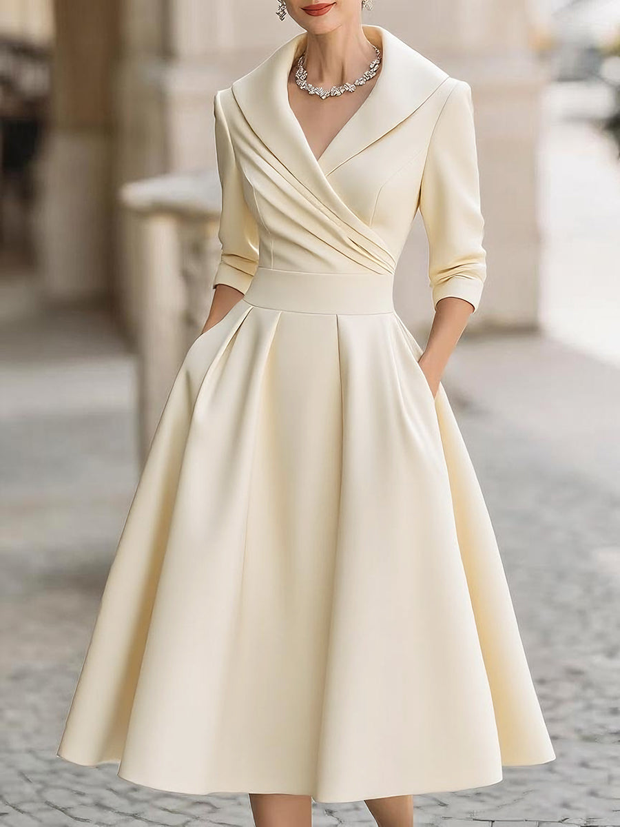 Vintage-Inspired Satin Midi Dress With Draped Collar Avalabel