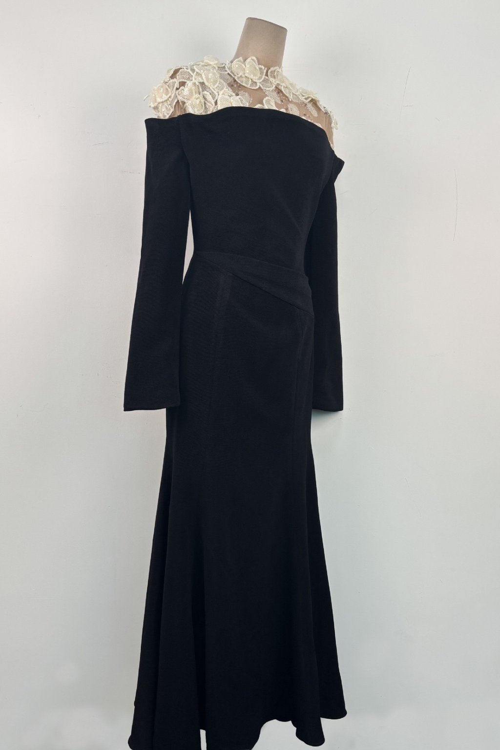 Louise 3D Floral Sheer Shoulder Long Sleeve Black Dress Avalabel