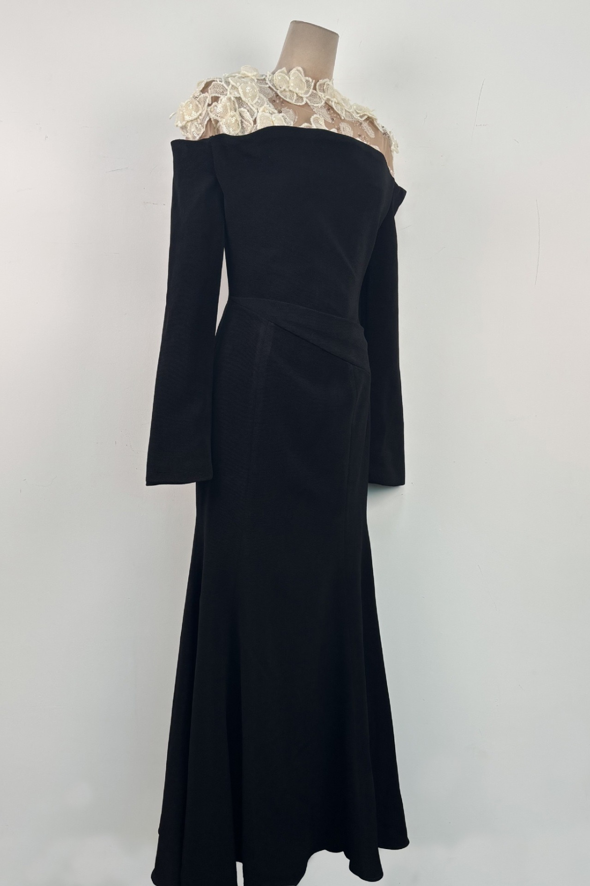 Louise 3D Floral Sheer Shoulder Long Sleeve Black Dress Avalabel