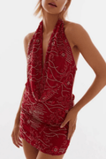 Olivia Red Embroidered Halter Mini Dress Avalabel