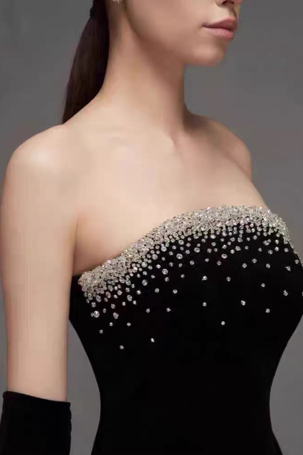 Vivienne Crystal Embellished Black Velvet Strapless Dress With Voluminous Satin Hem Avalabel