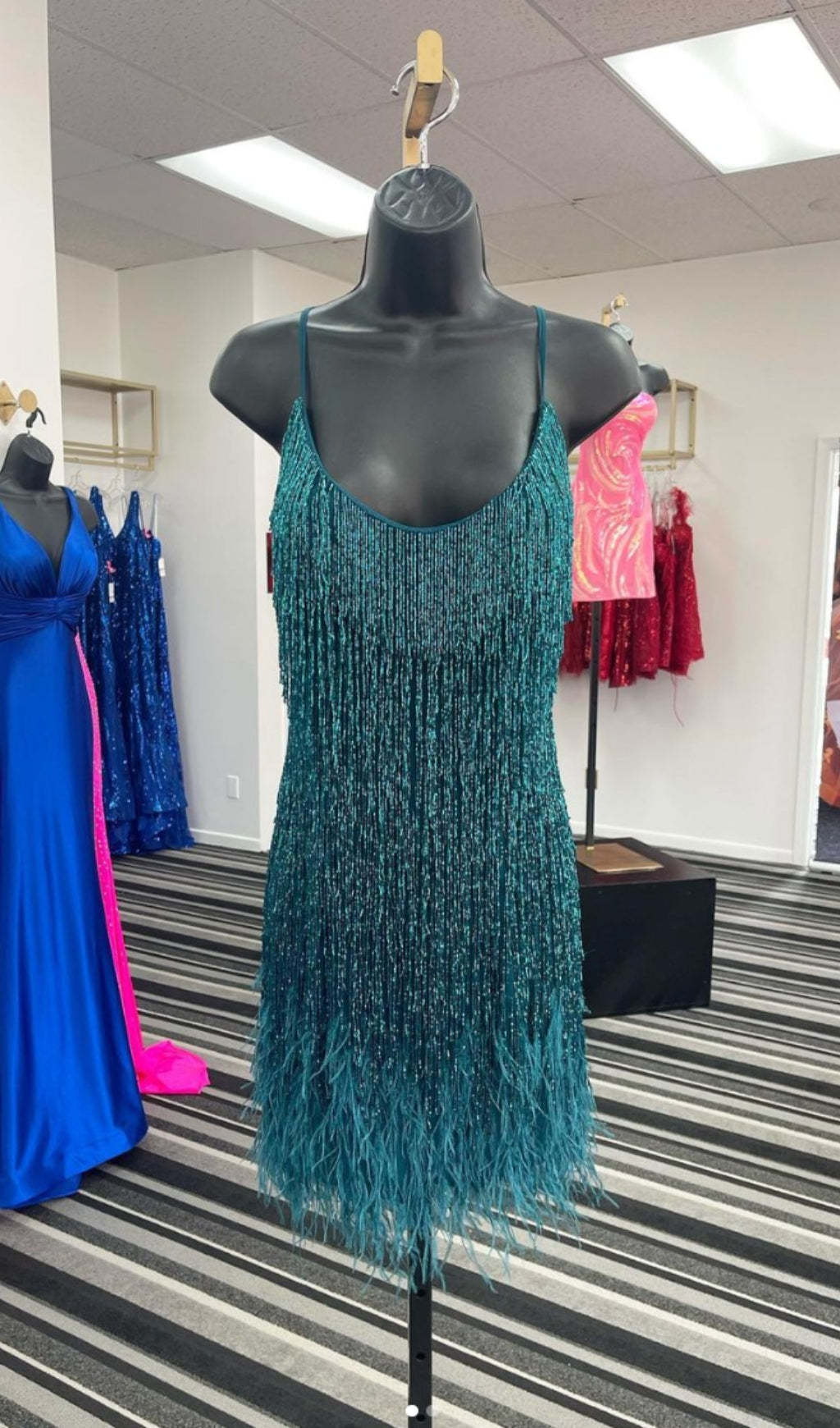 EMERALD TASSEL FEATHER MINI DRESS Avalabel