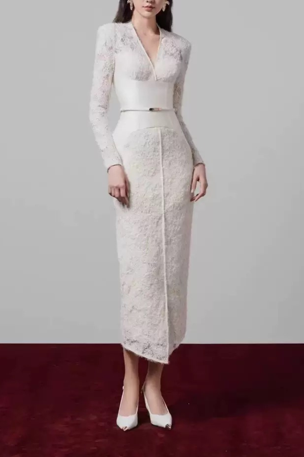 Mandy Lace Satin Belt Long Sleeve V‑Neck Midi Dress Avalabel