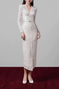 Mandy Lace Satin Belt Long Sleeve V‑Neck Midi Dress Avalabel