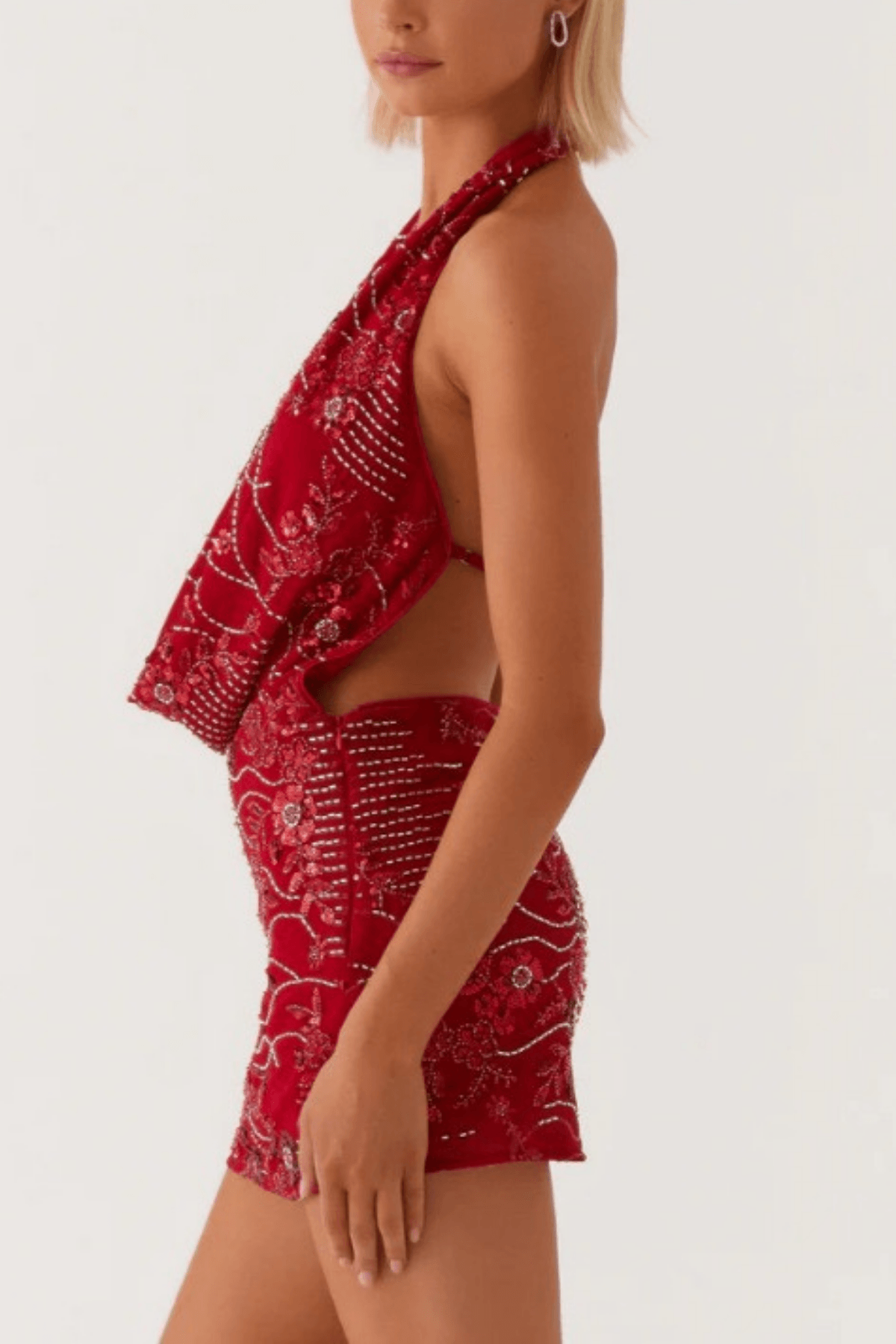 Olivia Red Embroidered Halter Mini Dress Avalabel