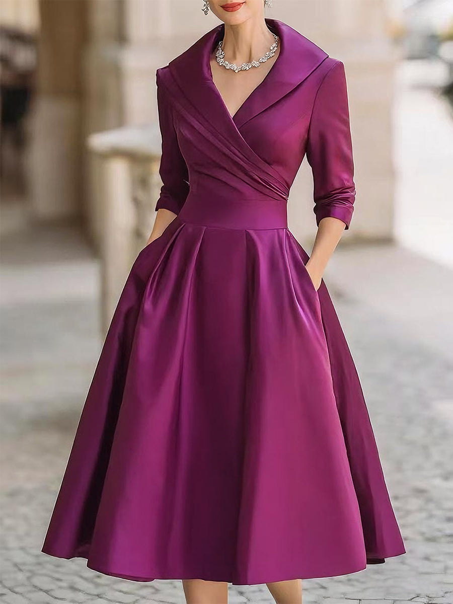 Vintage-Inspired Satin Midi Dress With Draped Collar Avalabel