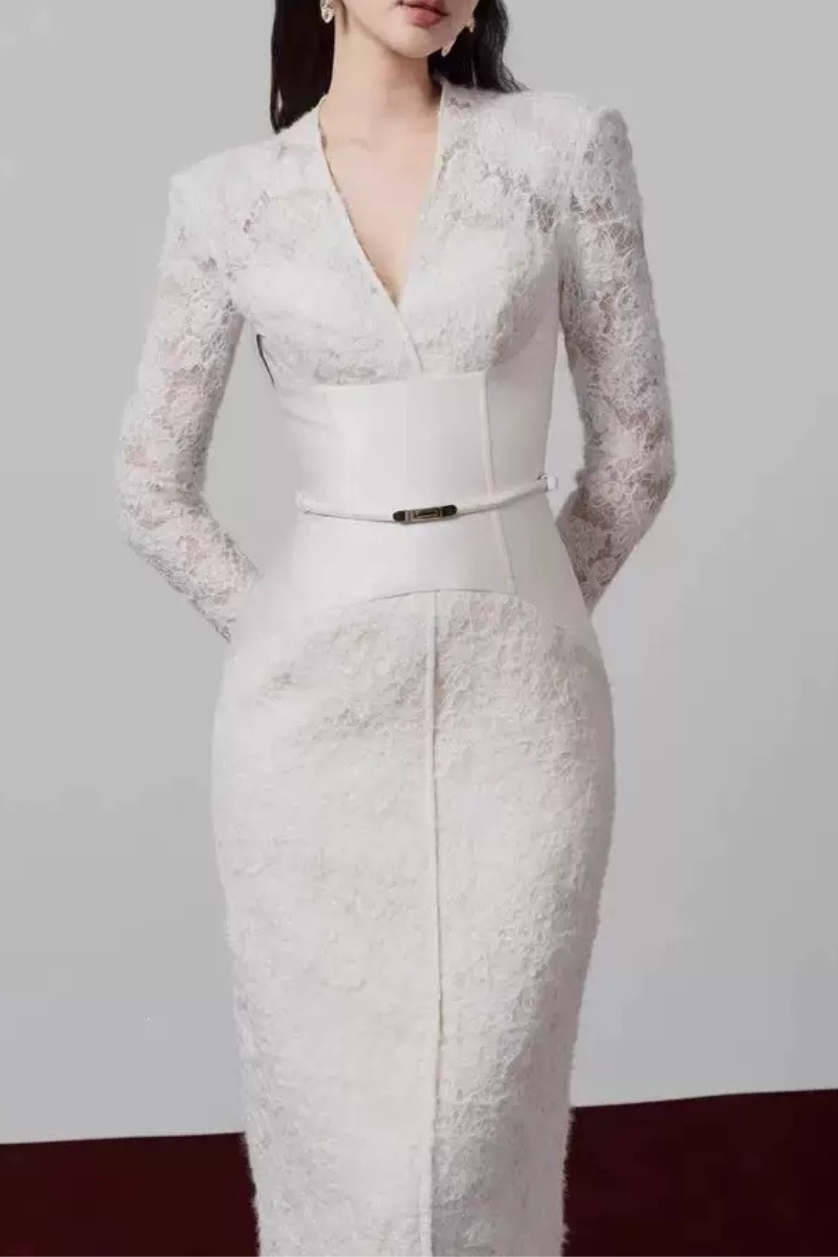 Mandy Lace Satin Belt Long Sleeve V‑Neck Midi Dress Avalabel