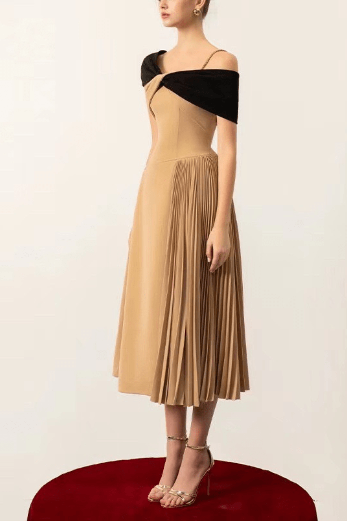 Ella Two‑Tone Off-Shoulder Pleated Midi Dress - Avalabel
