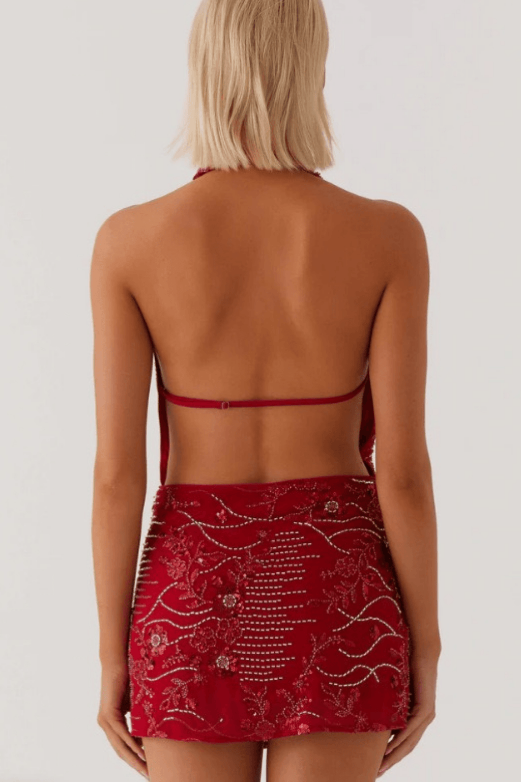 Olivia Red Embroidered Halter Mini Dress Avalabel